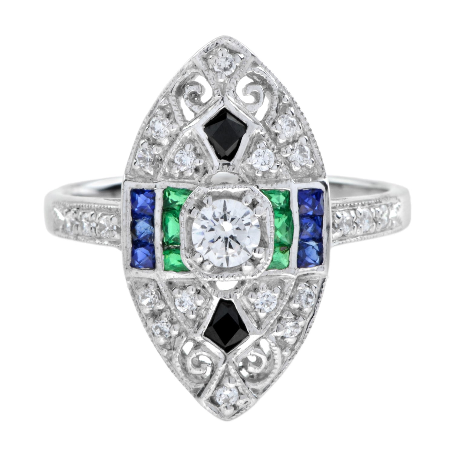 Art Deco Style Diamond Emerald &amp; Sapphire Onyx Marquise Shape 18KW Gold Ring