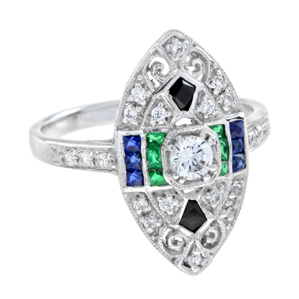 0.90 ctw Art Deco Style Diamond, Blue Sapphire, Emerald & Onyx Ring 18K White Gold