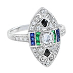 0.90 ctw Art Deco Style Diamond, Blue Sapphire, Emerald & Onyx Ring 18K White Gold