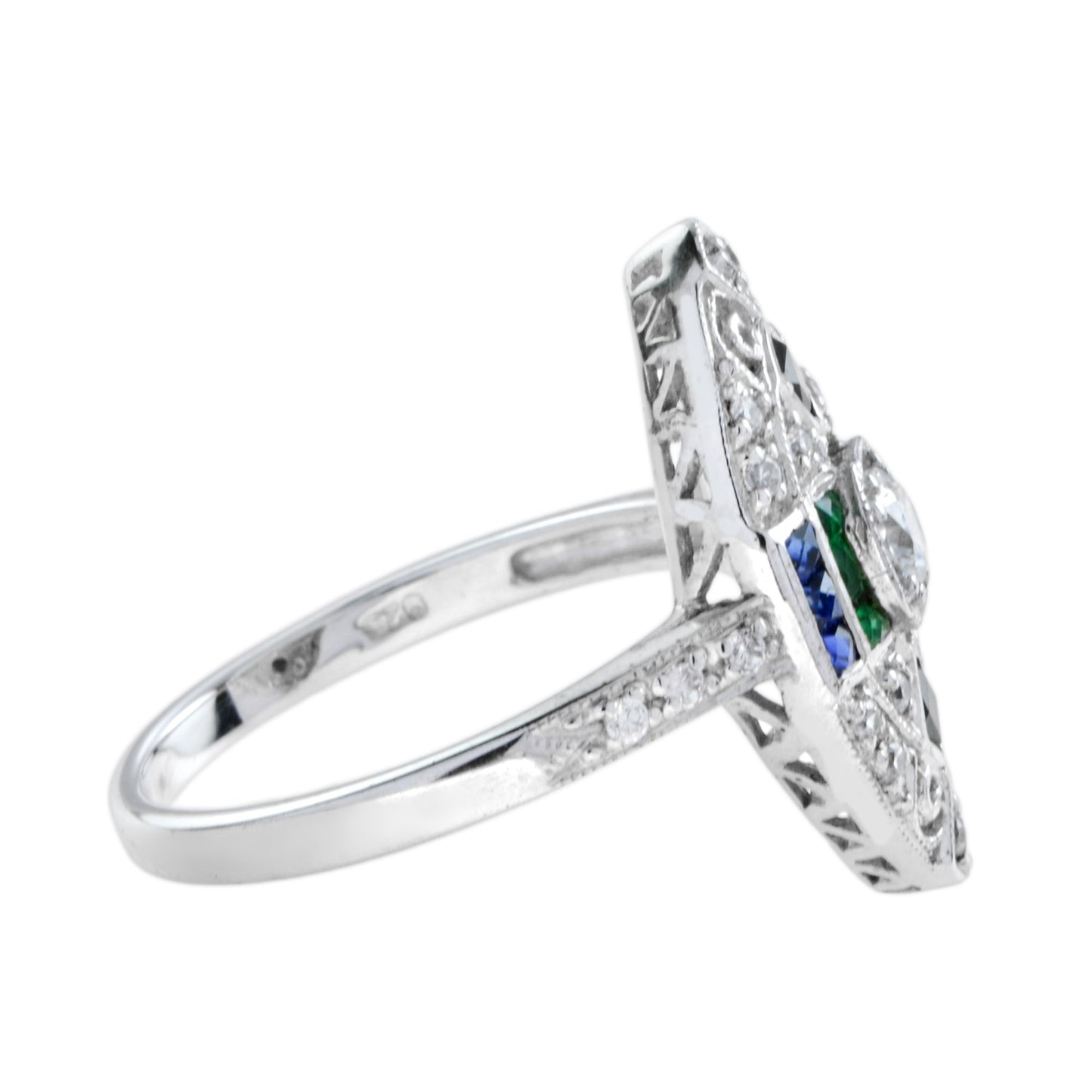 art deco style diamond emerald & sapphire onyx marquise shape 18kw gold ring