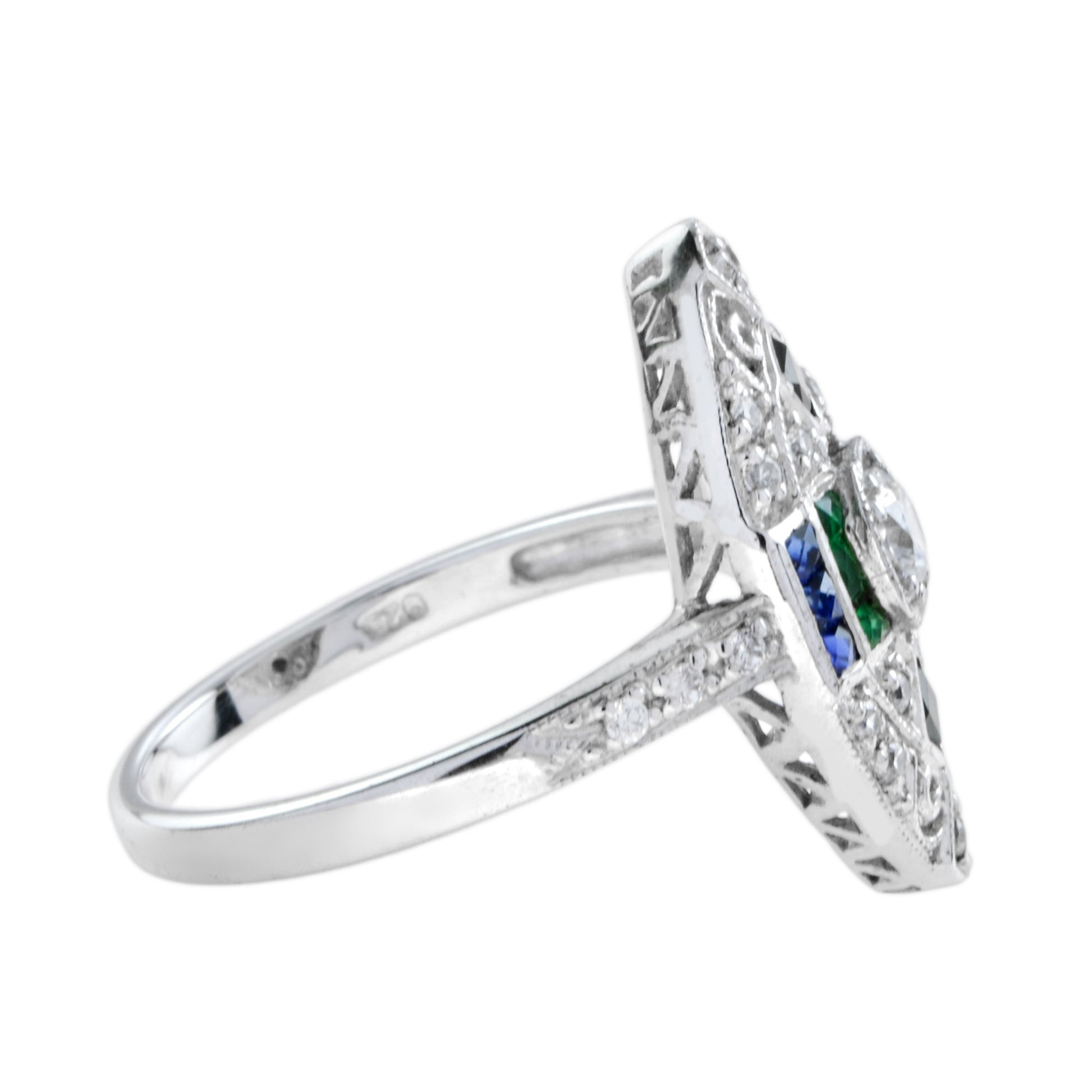 Art Deco Style Diamond Emerald & Sapphire Onyx Marquise Shape 18KW Gold Ring