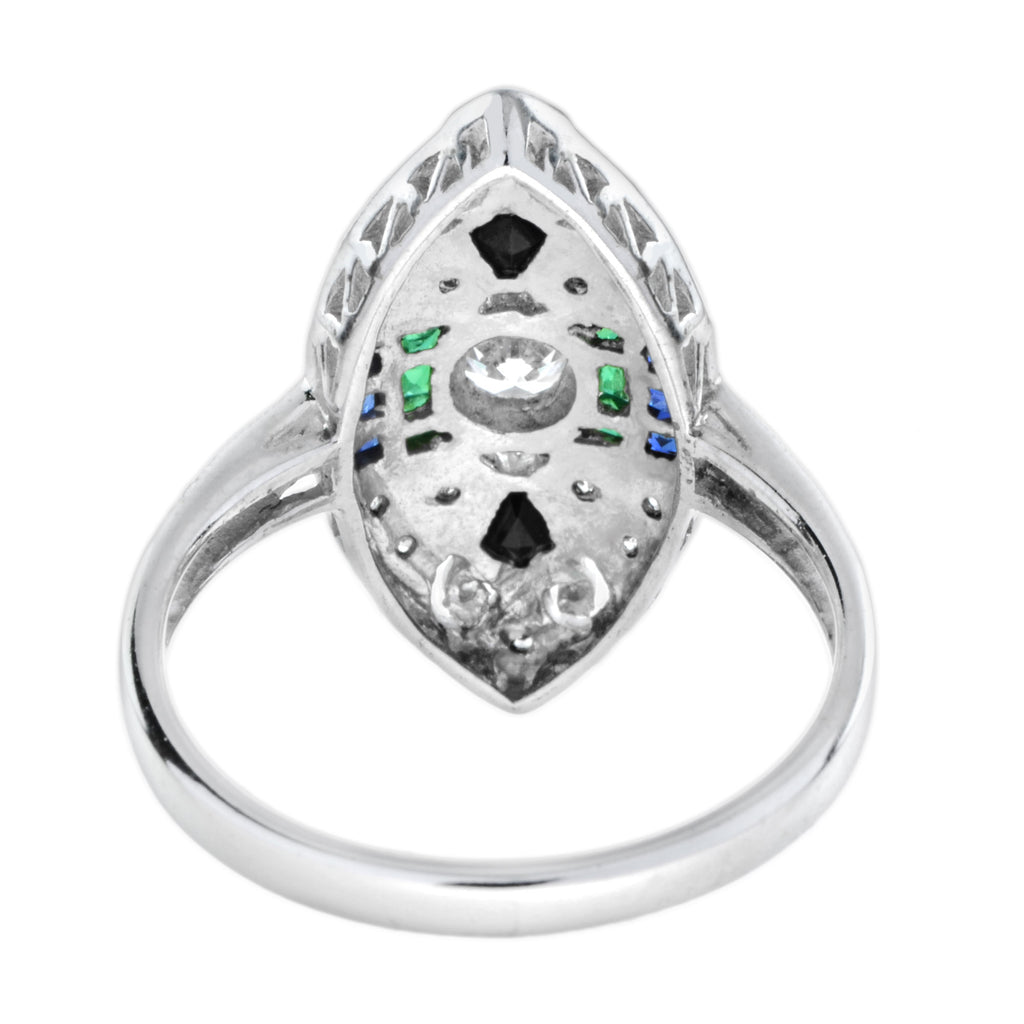 0.90 ctw Art Deco Style Diamond, Blue Sapphire, Emerald & Onyx Ring 18K White Gold