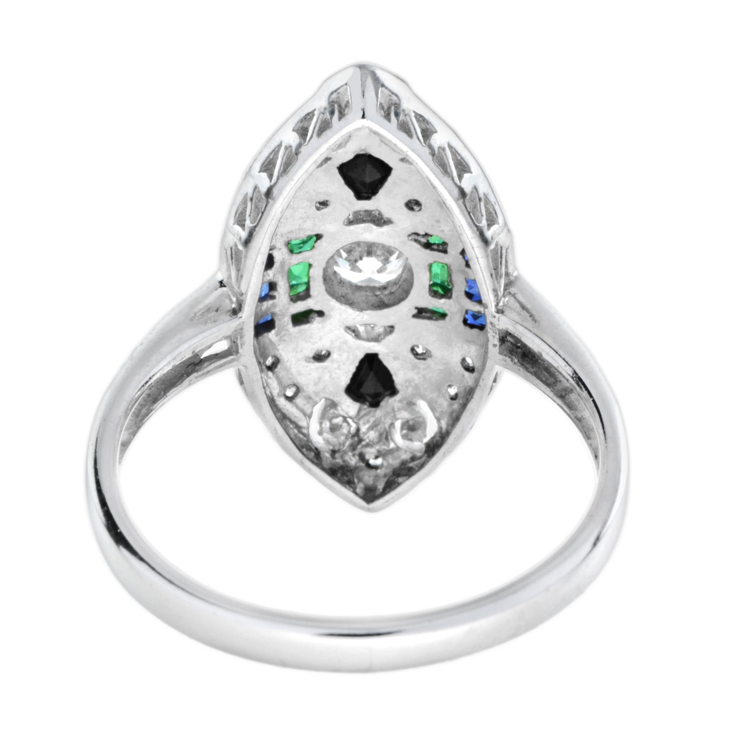 art deco style diamond emerald & sapphire onyx marquise shape 18kw gold ring