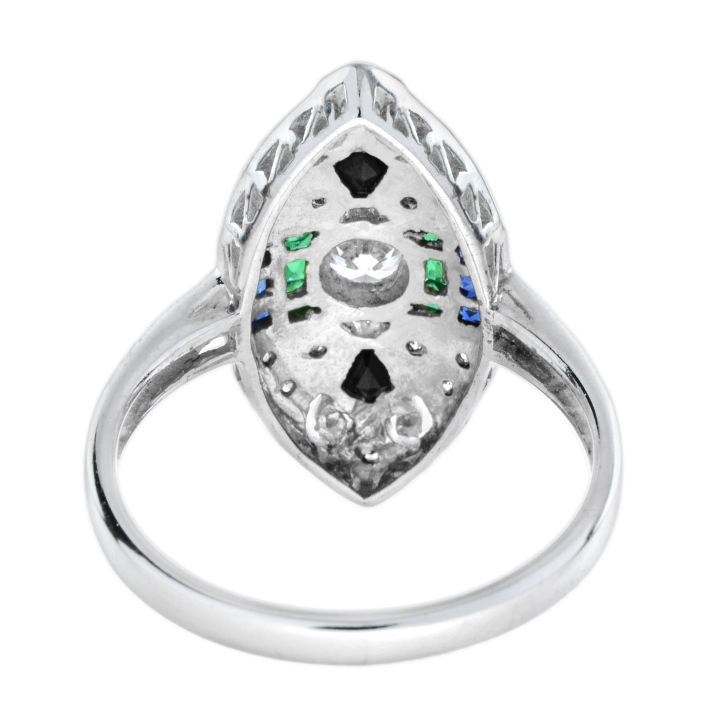 Art Deco Style Diamond Emerald &amp; Sapphire Onyx Marquise Shape 18KW Gold Ring