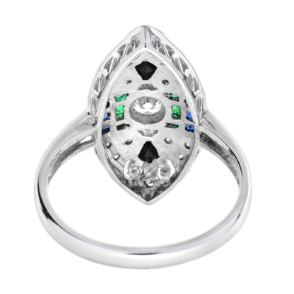 Art Deco Style Diamond Emerald & Sapphire Onyx Marquise Shape 18KW Gold Ring