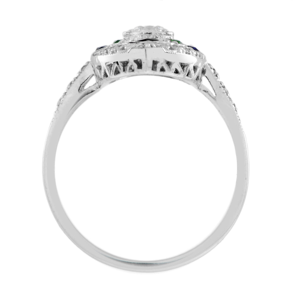 0.90 ctw Art Deco Style Diamond, Blue Sapphire, Emerald & Onyx Ring 18K White Gold