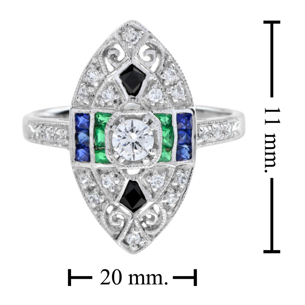 0.90 ctw Art Deco Style Diamond, Blue Sapphire, Emerald & Onyx Ring 18K White Gold