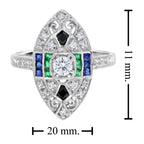 0.90 ctw Art Deco Style Diamond, Blue Sapphire, Emerald & Onyx Ring 18K White Gold