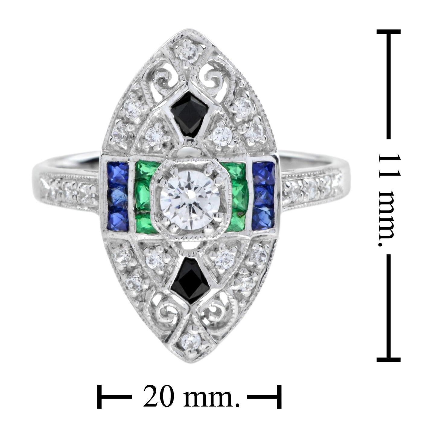 art deco style diamond emerald & sapphire onyx marquise shape 18kw gold ring