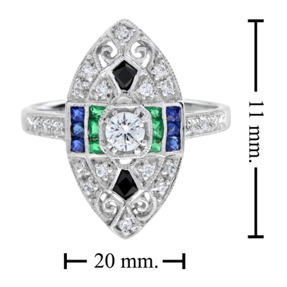 Art Deco Style Diamond Emerald & Sapphire Onyx Marquise Shape 18KW Gold Ring