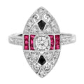 Diamond Ruby & Black Onyx Art Deco Style Marquise Shape White Gold Ring