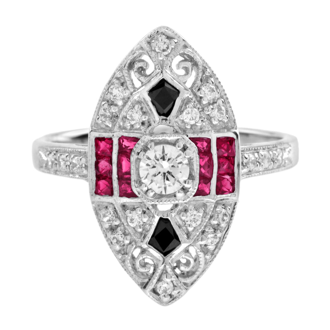 Diamond Ruby &amp; Black Onyx Art Deco Style Marquise Shape White Gold Ring