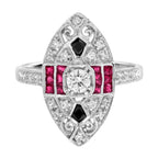 Diamond Ruby & Black Onyx Art Deco Style Marquise Shape White Gold Ring