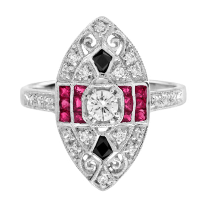 Diamond Ruby &amp; Black Onyx Art Deco Style Marquise Shape White Gold Ring