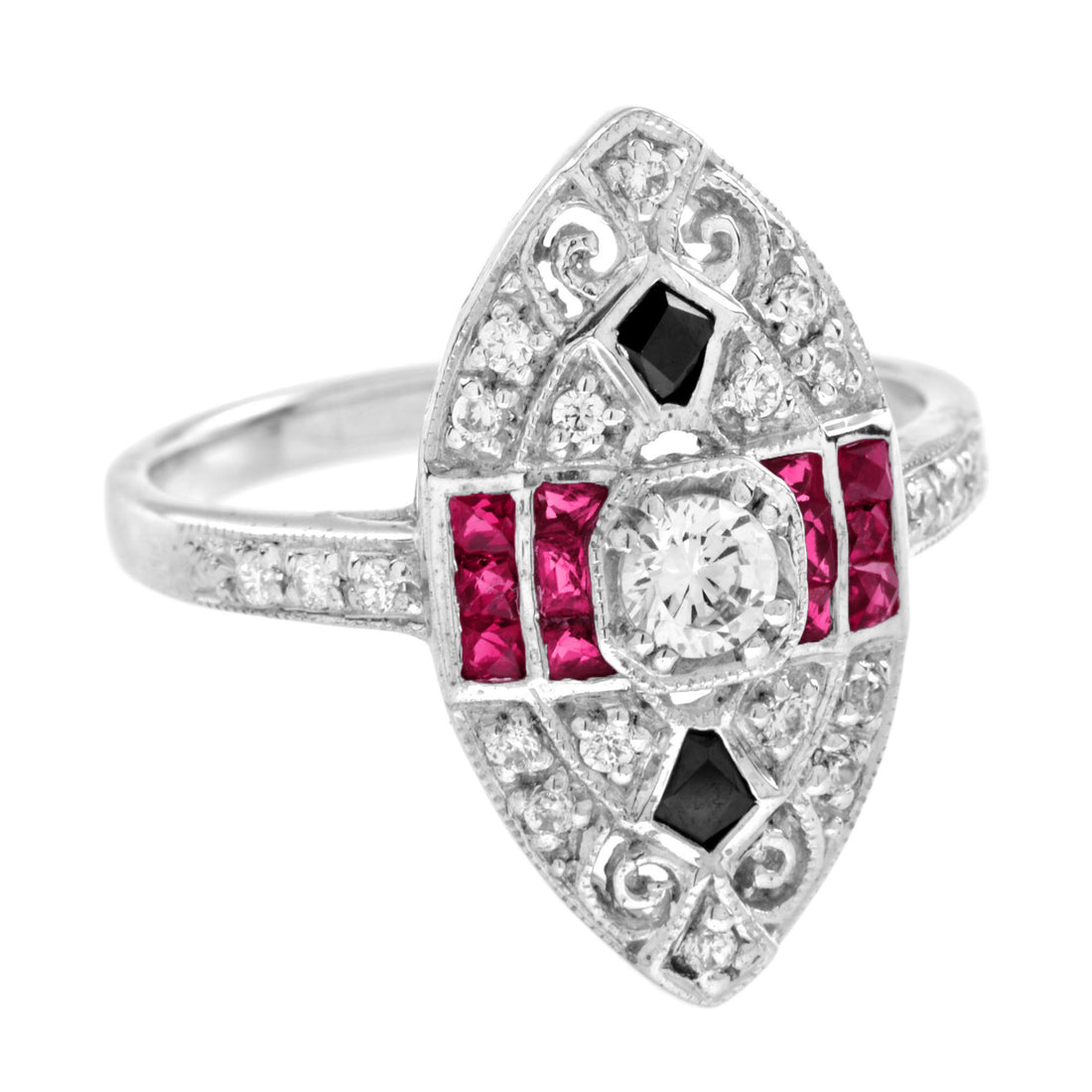 Diamond Ruby &amp; Black Onyx Art Deco Style Marquise Shape White Gold Ring