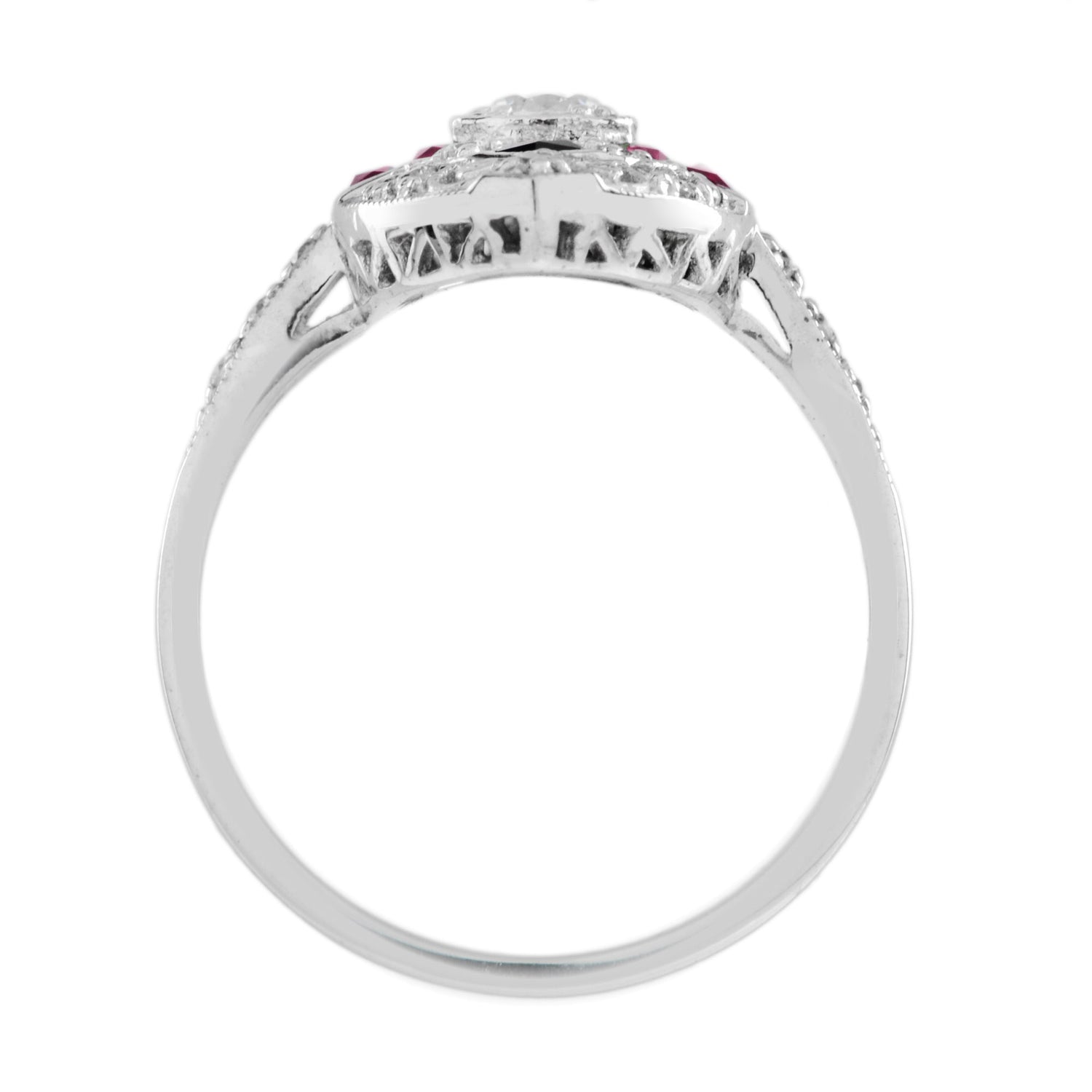 Diamond Ruby &amp; Black Onyx Art Deco Style Marquise Shape White Gold Ring