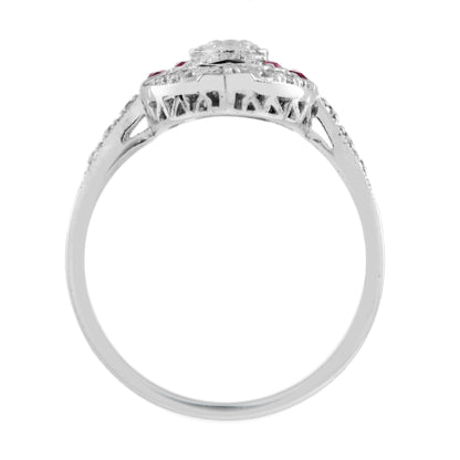 Diamond Ruby &amp; Black Onyx Art Deco Style Marquise Shape White Gold Ring