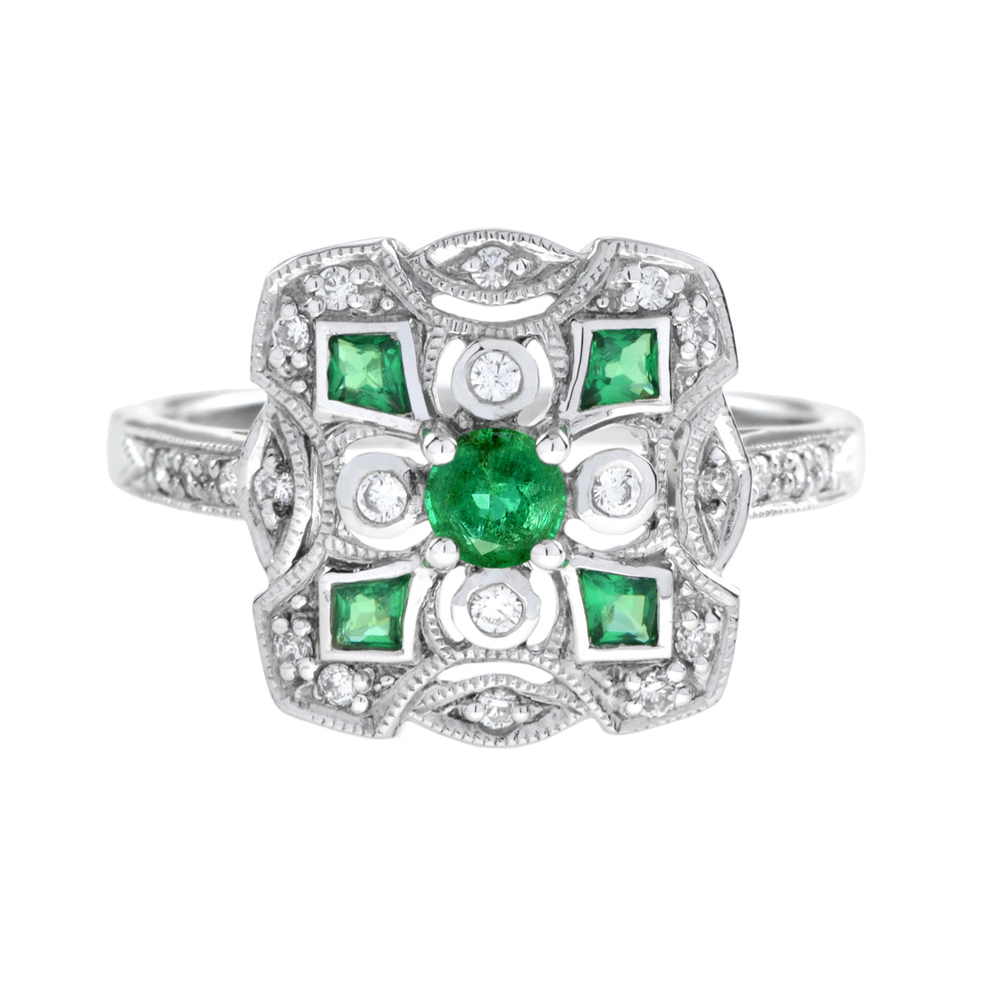 Art Deco Style Green Emerald &amp; Diamond Cluster Vintage Inspired White Gold Ring