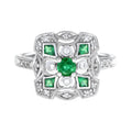 Art Deco Style Green Emerald & Diamond Cluster Vintage Inspired White Gold Ring