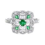 Art Deco Style Green Emerald & Diamond Cluster Vintage Inspired White Gold Ring