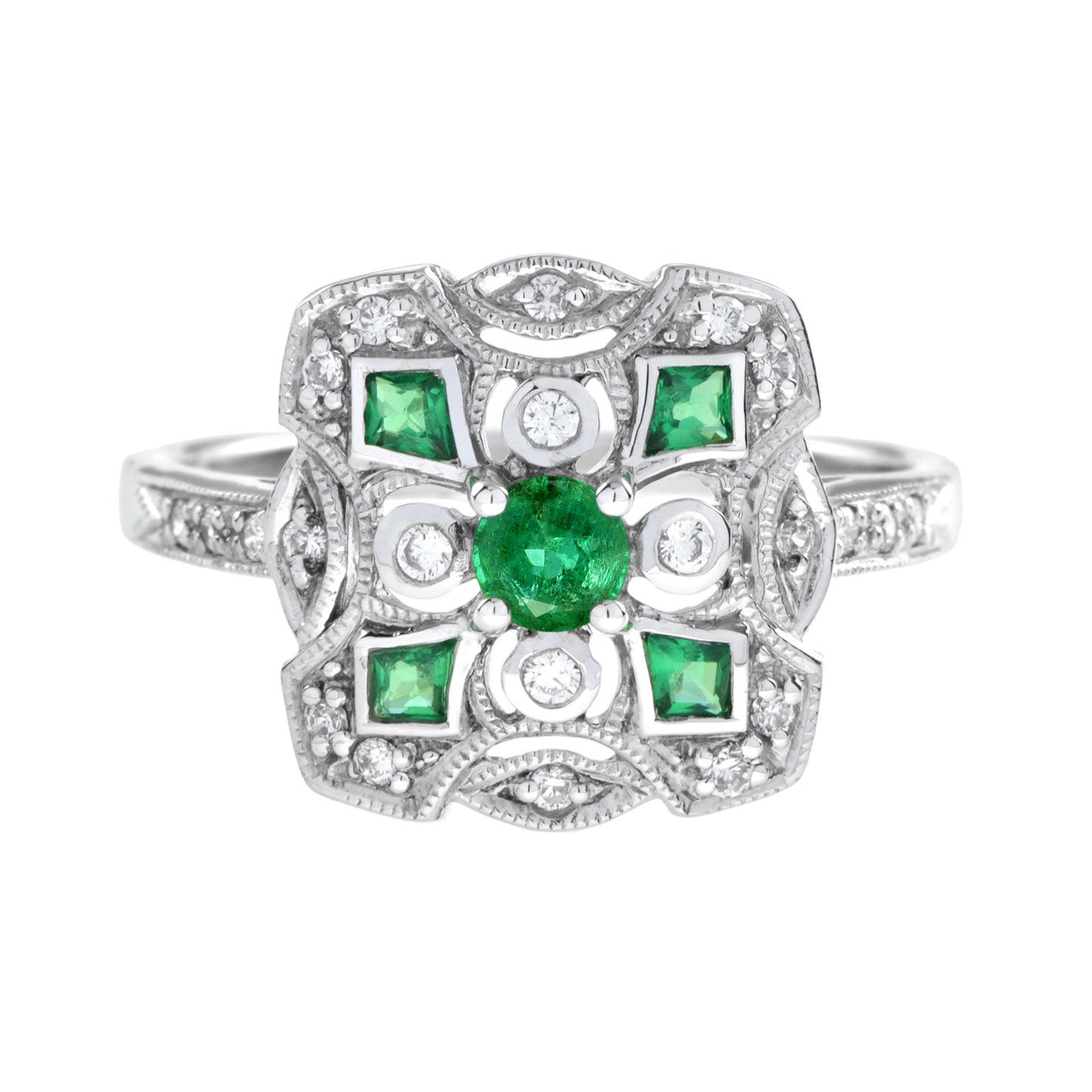 art deco style green emerald & diamond cluster vintage inspired white gold ring