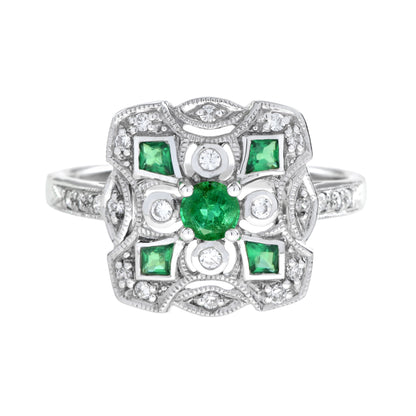 Art Deco Style Green Emerald & Diamond Cluster Vintage Inspired White Gold Ring
