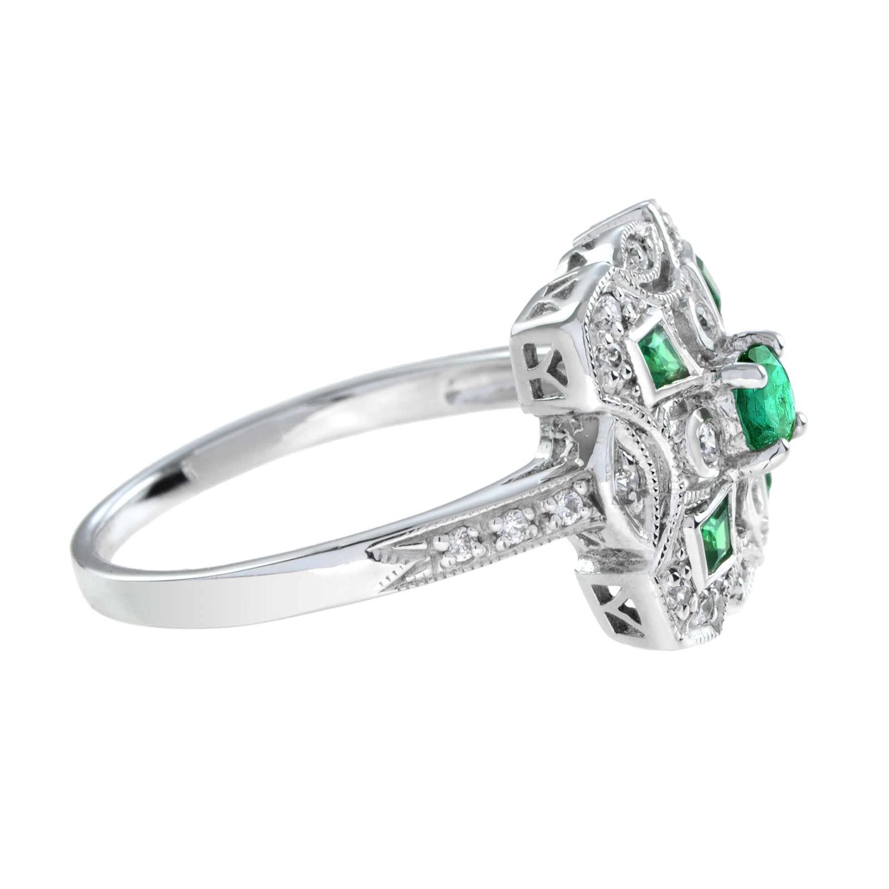 Art Deco Style Green Emerald & Diamond Cluster Vintage Inspired White Gold Ring