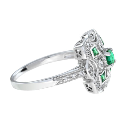 Art Deco Style Green Emerald & Diamond Cluster Vintage Inspired White Gold Ring