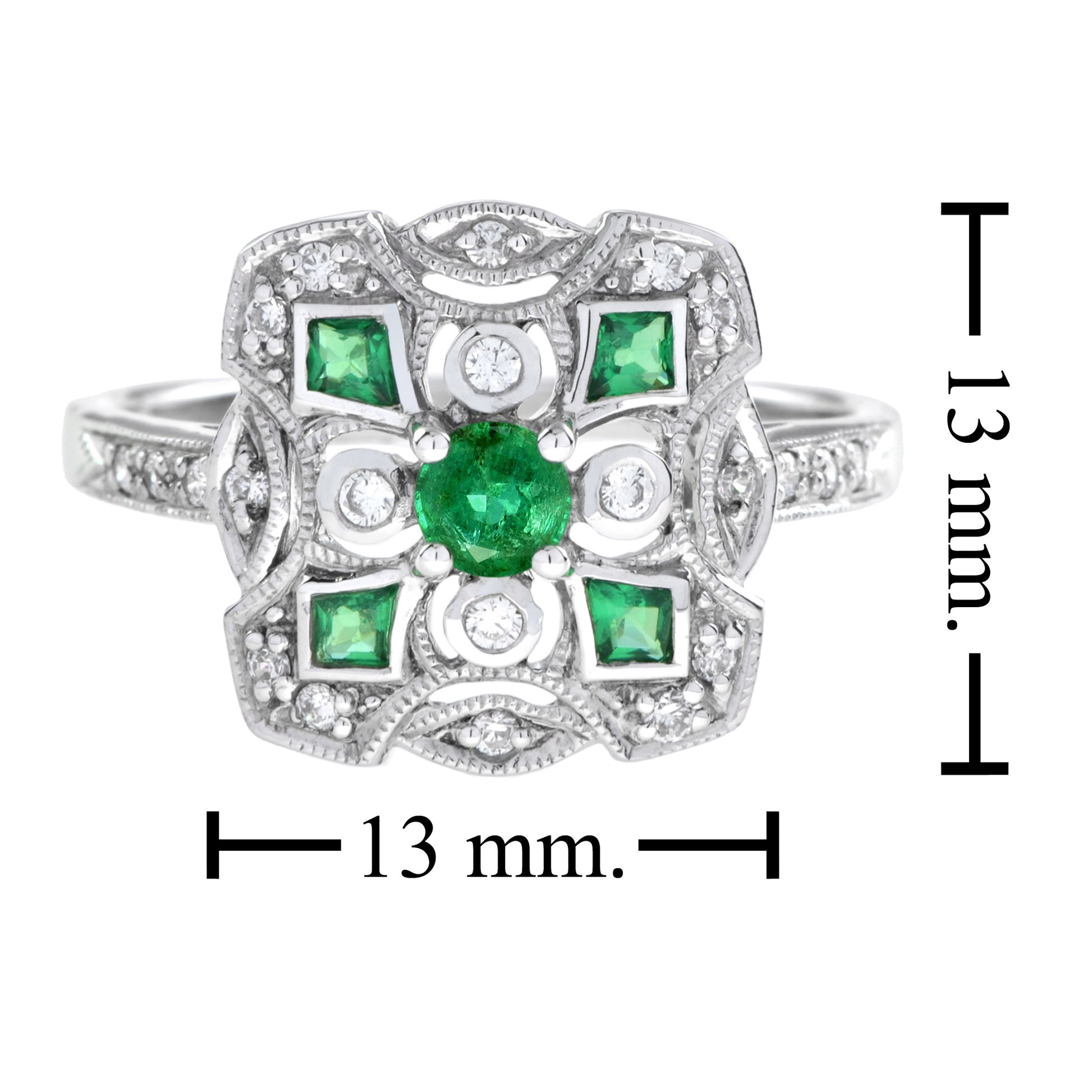 Art Deco Style Green Emerald & Diamond Cluster Vintage Inspired White Gold Ring