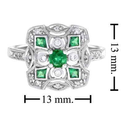 Art Deco Style Green Emerald & Diamond Cluster Vintage Inspired White Gold Ring