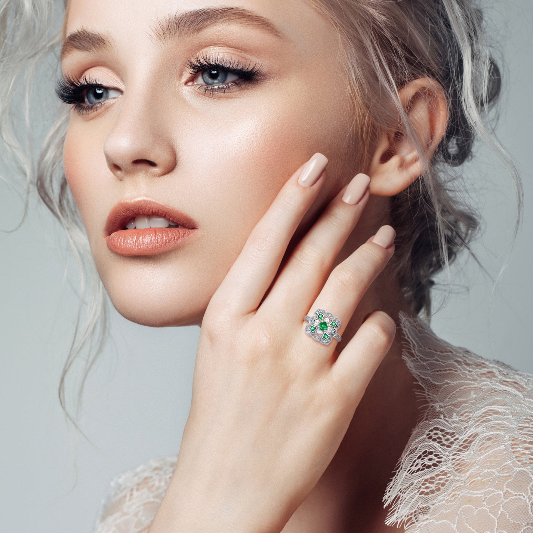 Art Deco Style Green Emerald & Diamond Cluster Vintage Inspired White Gold Ring