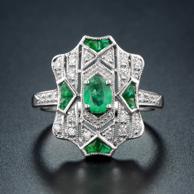 Emerald & Diamond Vintage Inspired Art Deco Style Filigree White Gold Ring
