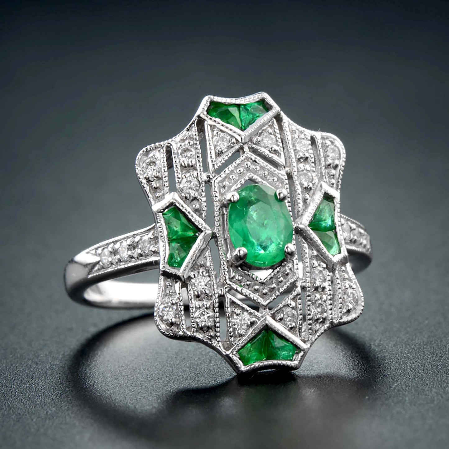 emerald & diamond vintage inspired art deco style filigree white gold ring