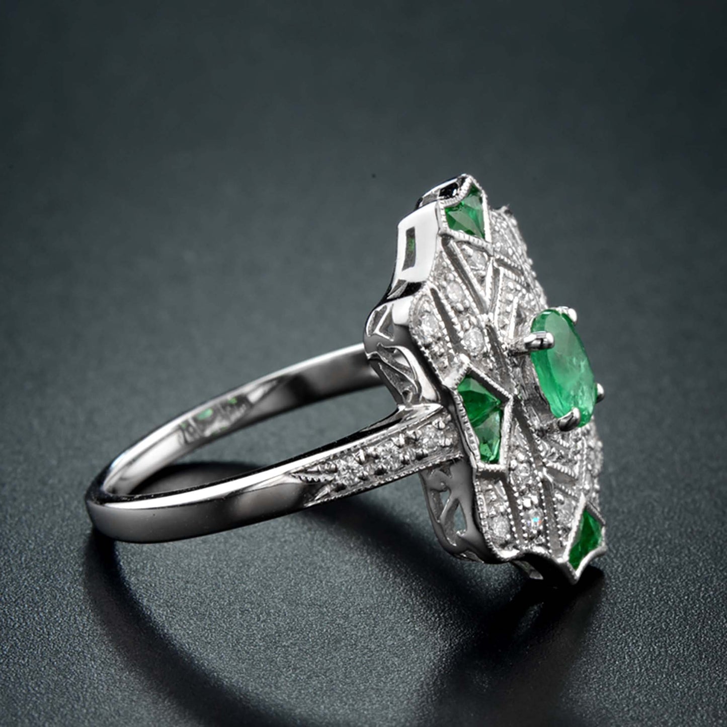 emerald & diamond vintage inspired art deco style filigree white gold ring