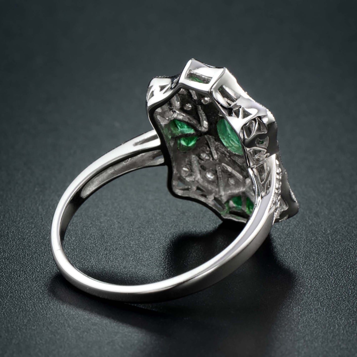 emerald & diamond vintage inspired art deco style filigree white gold ring