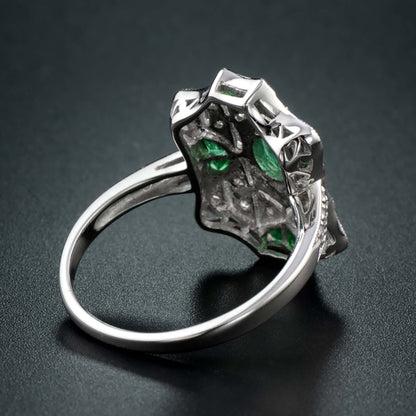 Emerald & Diamond Vintage Inspired Art Deco Style Filigree White Gold Ring