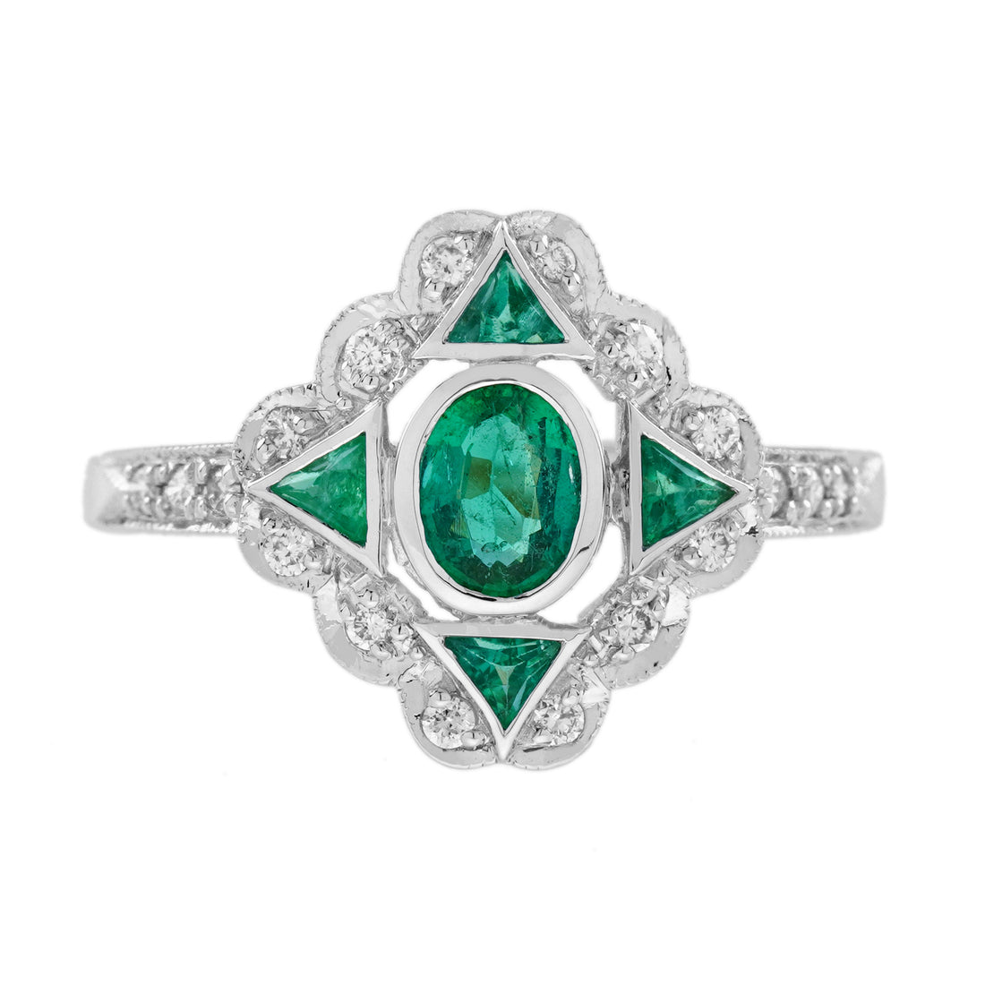 Oval Shape Green Emerald &amp; Diamond Vintage Art Deco Style White Gold Ring