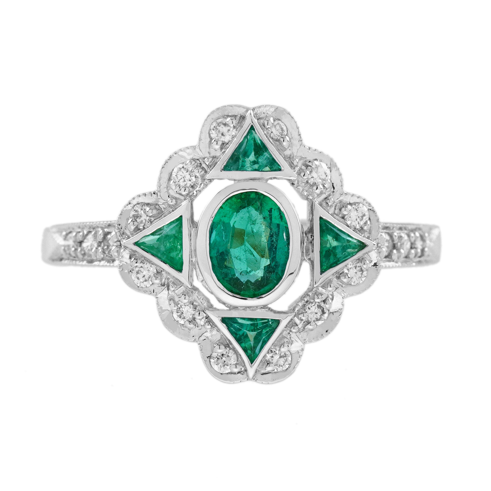 Oval Shape Green Emerald &amp; Diamond Vintage Art Deco Style White Gold Ring