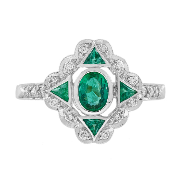 0.70 Ctw Vintage Art Deco Style Emerald & Diamond 14K White Gold Ring