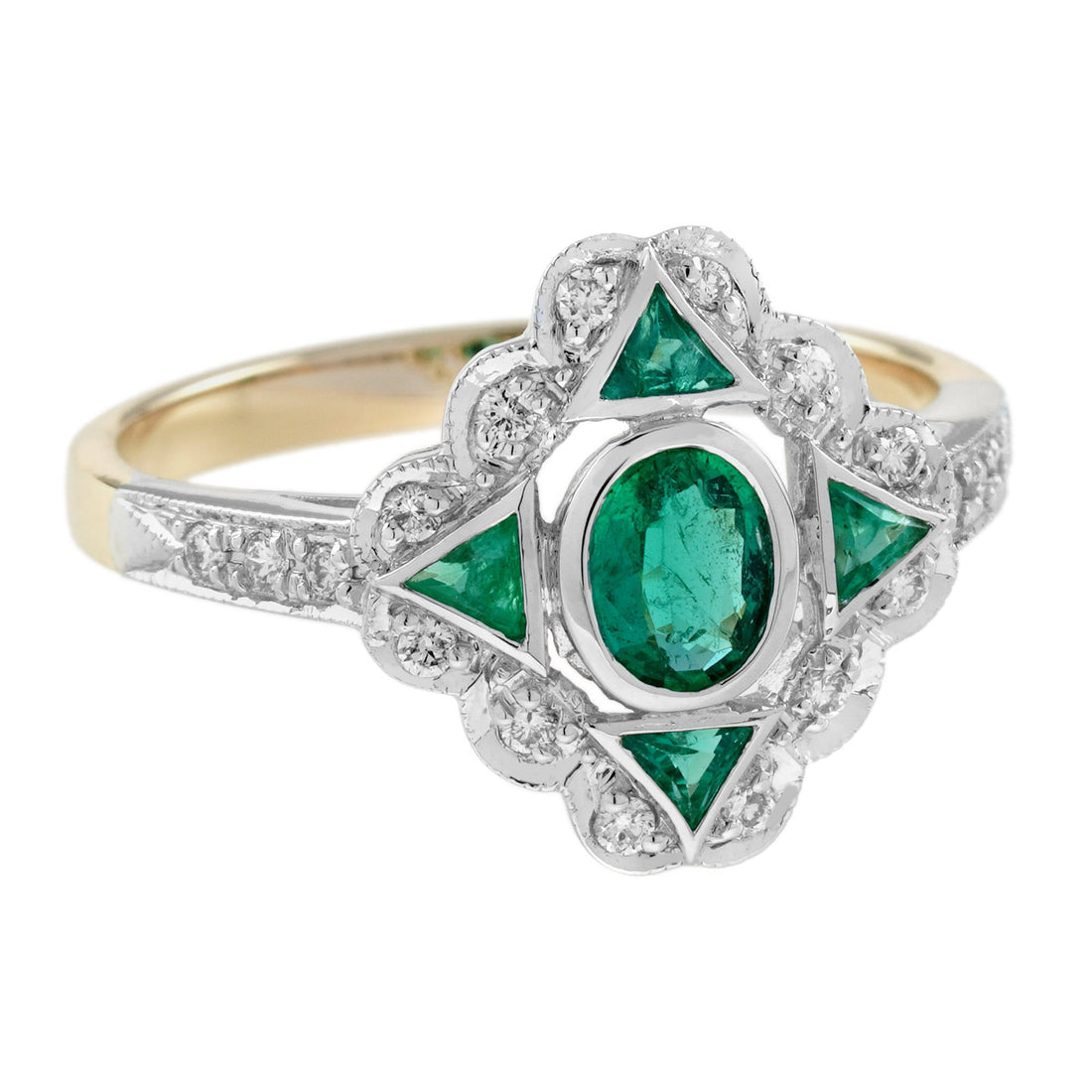 Oval Shape Green Emerald &amp; Diamond Vintage Art Deco Style White Gold Ring
