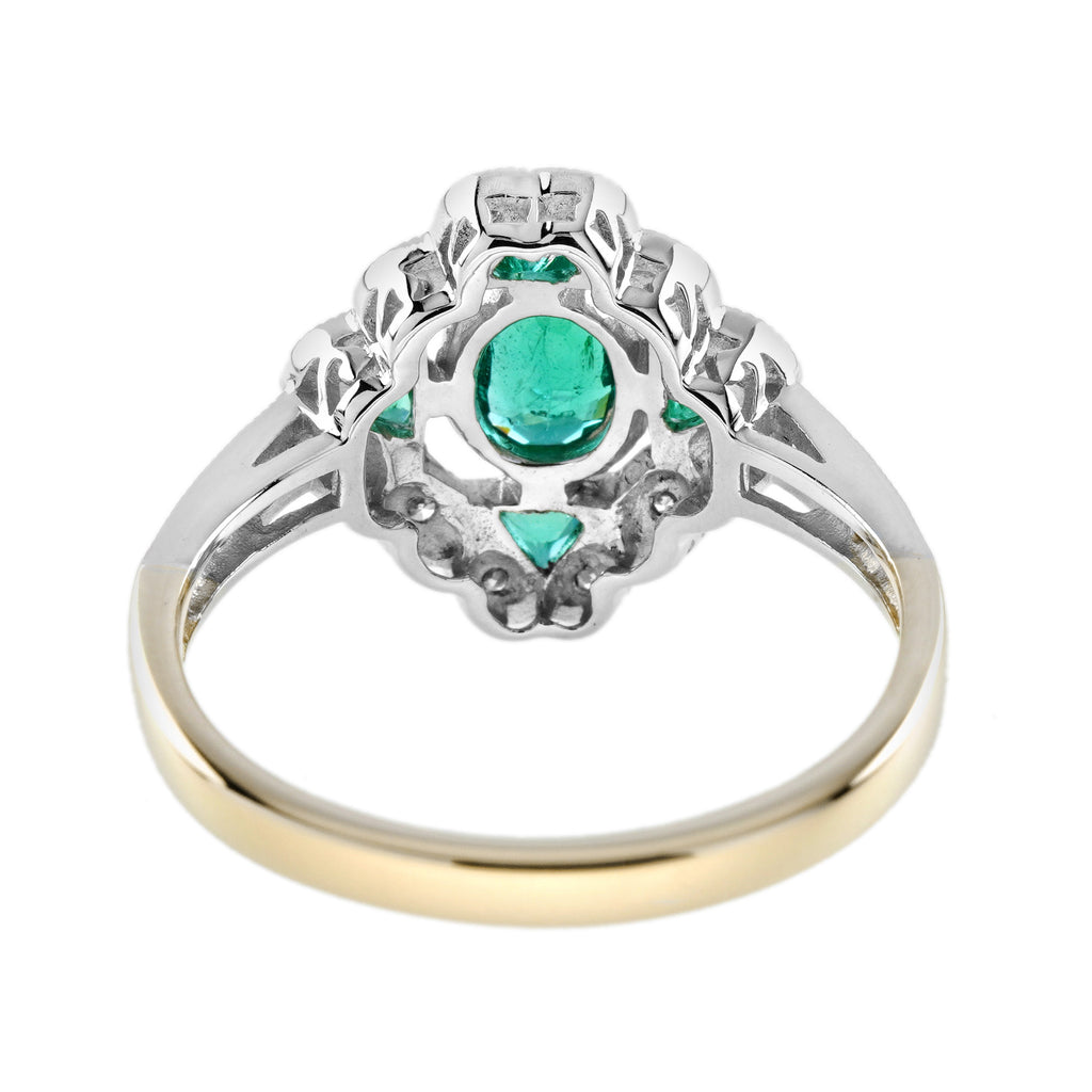 Oval Shape Green Emerald & Diamond Vintage Art Deco Style White Gold Ring