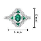 Oval Shape Green Emerald & Diamond Vintage Art Deco Style White Gold Ring