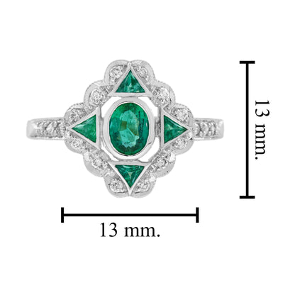 Oval Shape Green Emerald &amp; Diamond Vintage Art Deco Style White Gold Ring