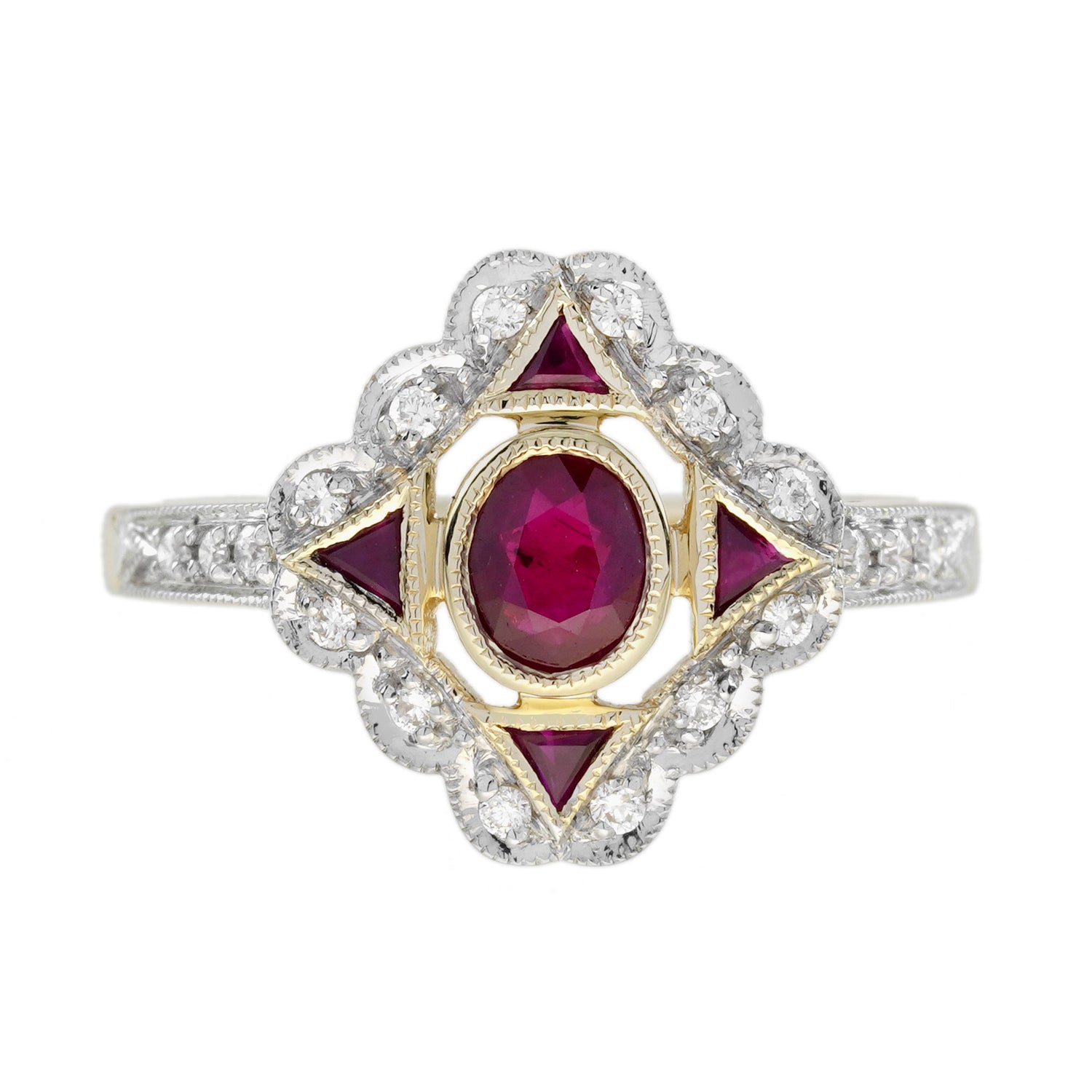 Red Pink Ruby &amp; Diamond Art Deco Style 14K Yellow Gold Ring