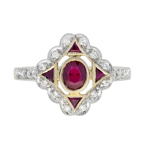Red Pink Ruby & Diamond Art Deco Style 14K Yellow Gold Ring