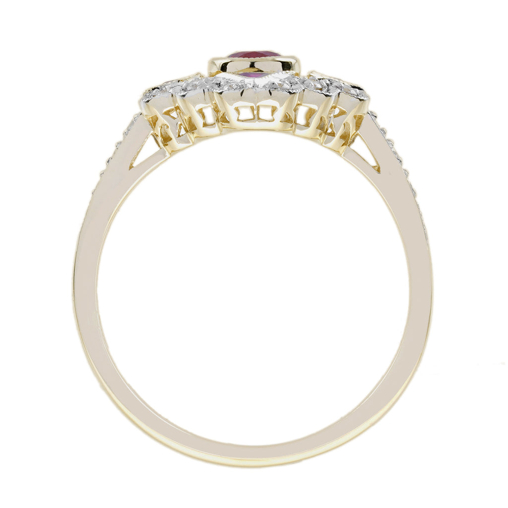 Red Pink Ruby & Diamond Art Deco Style 14K Yellow Gold Ring