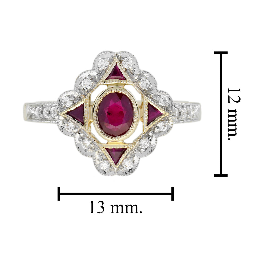 Red Pink Ruby & Diamond Art Deco Style 14K Yellow Gold Ring