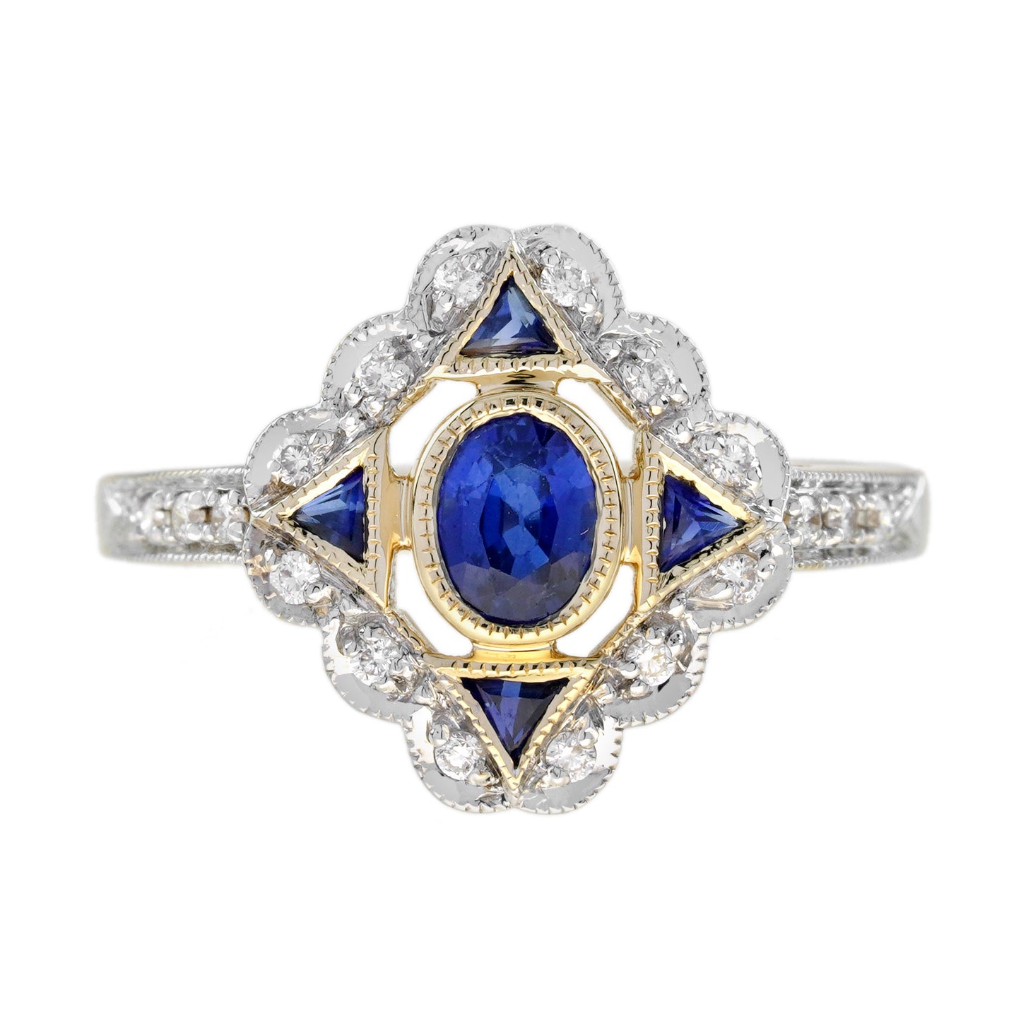 blue sapphire & diamond vintage inspired art deco style 14k yellow gold ring