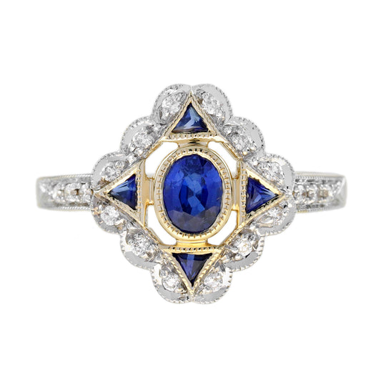 Blue Sapphire & Diamond Vintage Inspired Art Deco Style 14K Yellow Gold Ring