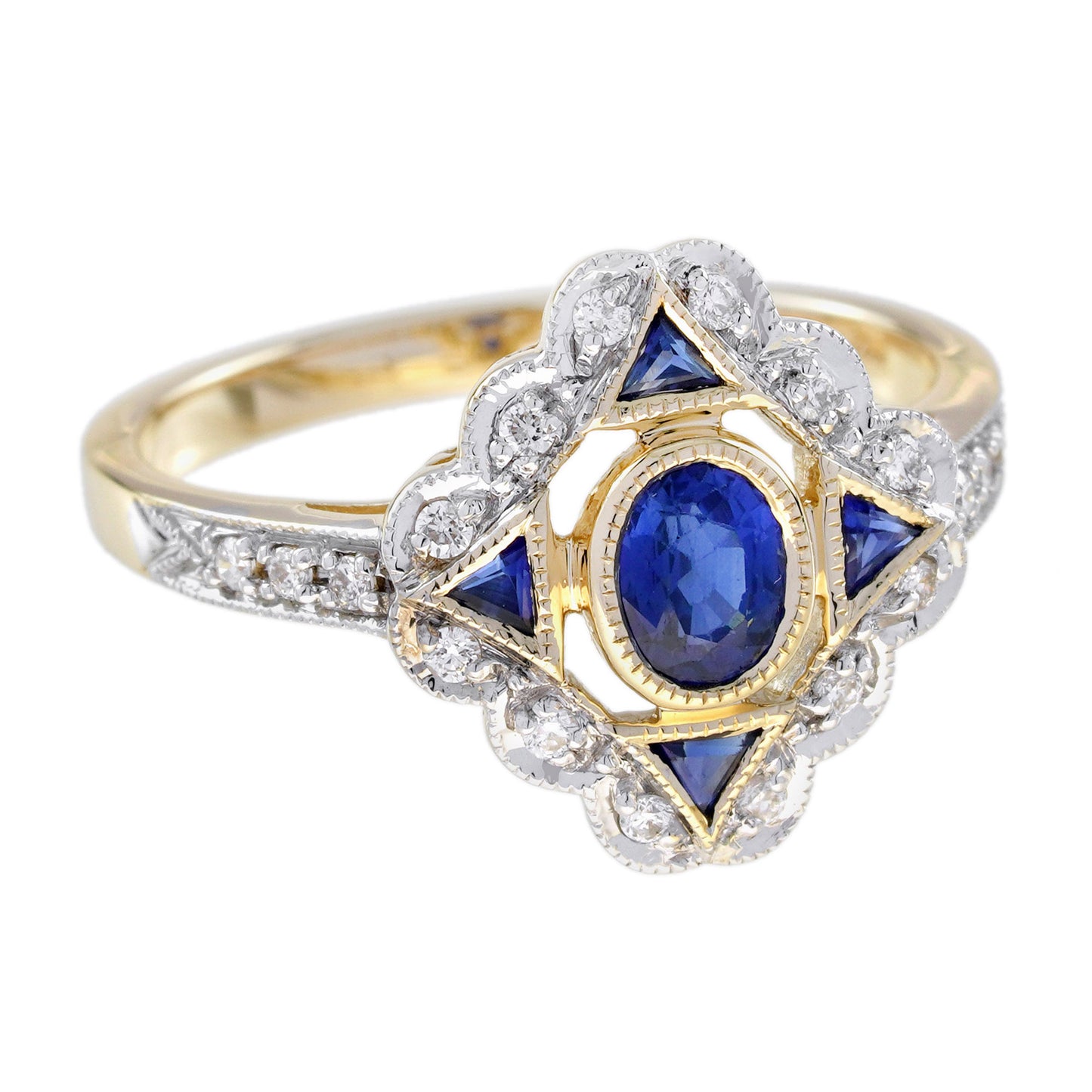 blue sapphire & diamond vintage inspired art deco style 14k yellow gold ring